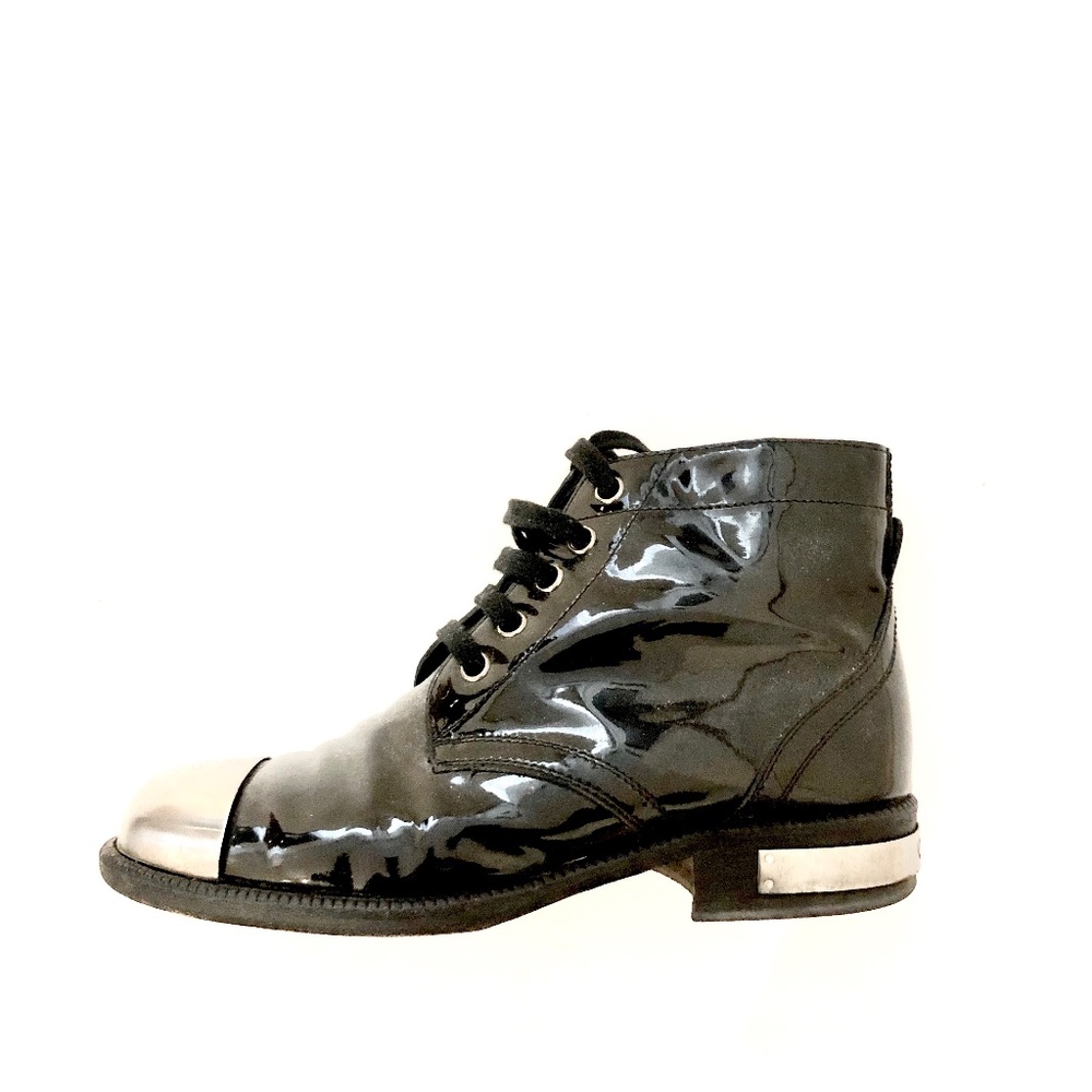 CHANEL Black Patent Leather Steel Toe Boots